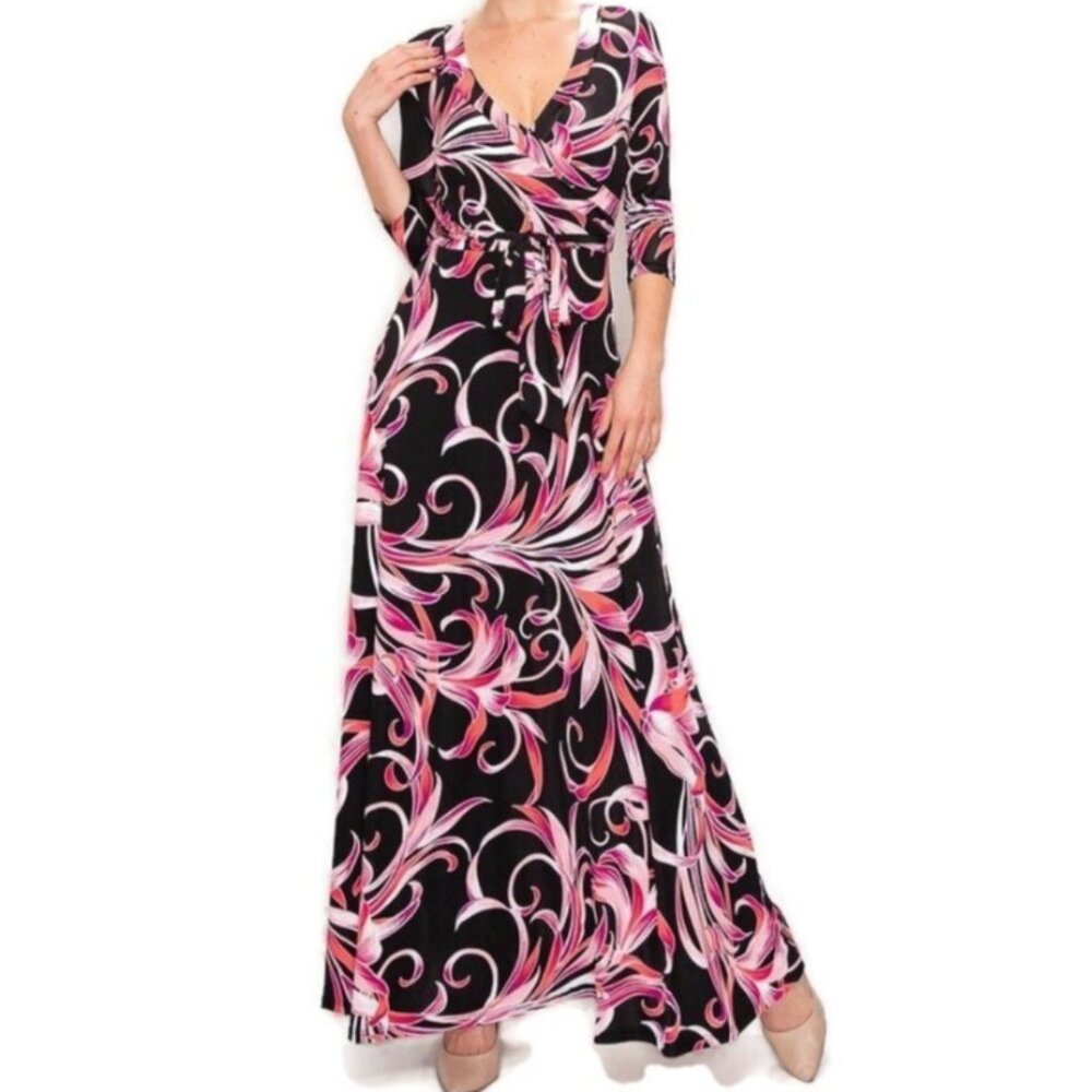 Janette Fashion Pink Lilies Swirl Faux Wrap Maxi Dress